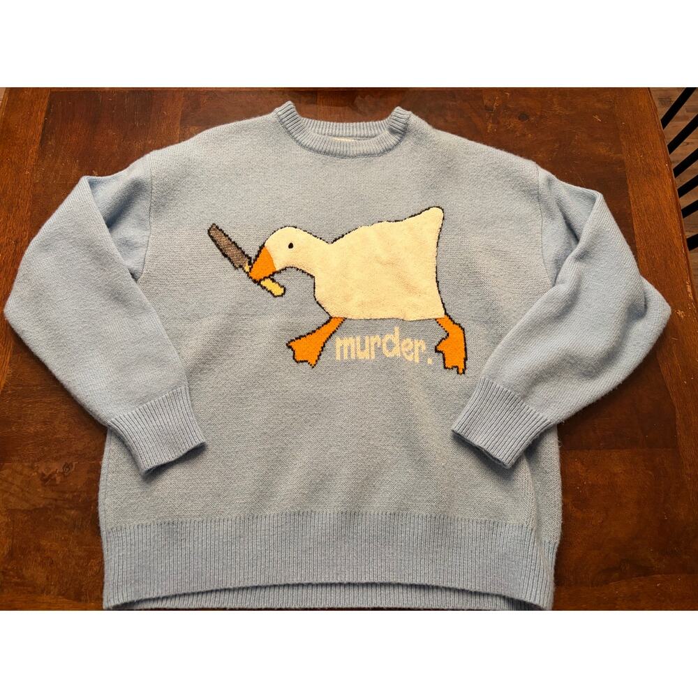 Aelfric Eden Murder Goose Sweater XL Light Blue Knit Funny Preowned